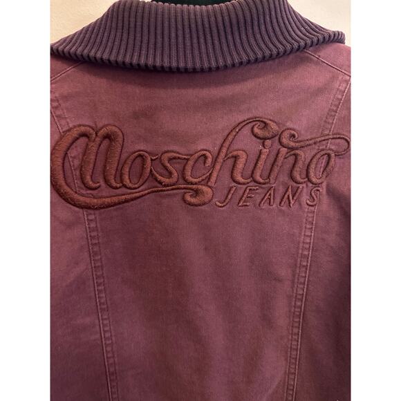 Moschino Jeans Maroon Denim Women's Ribbed Zip Up Embroidered Bomber Jacket 8 - Picture 14 of 15